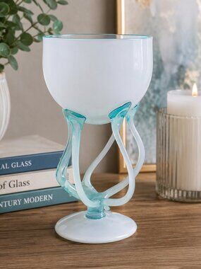 VTG Jozefina Krosno Opaline Art Glass Compote Aqua Jellyfish Octopus Pedestal
